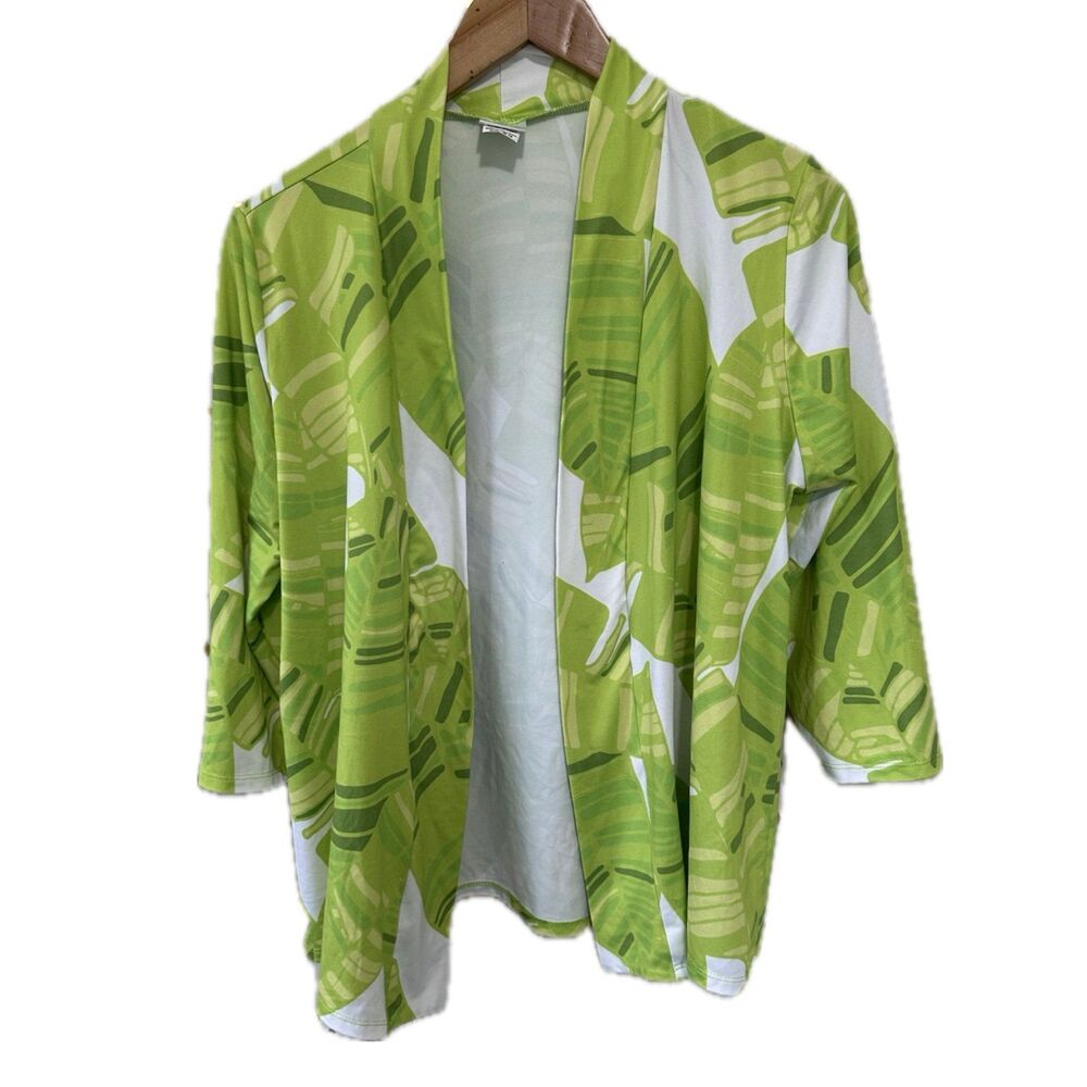 Hula Bay Hawaiian Tropical Lime Green Banana Leaves Stretch Open Cardigan M